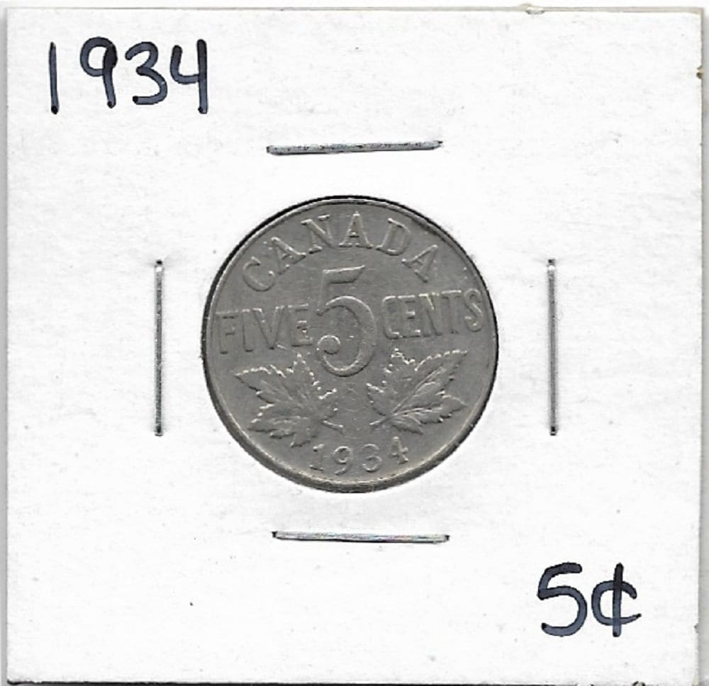 1934 CANADIAN NICKEL; Five Cent Coin; King George V; Vintage Nickel Coin; Maple Leaves