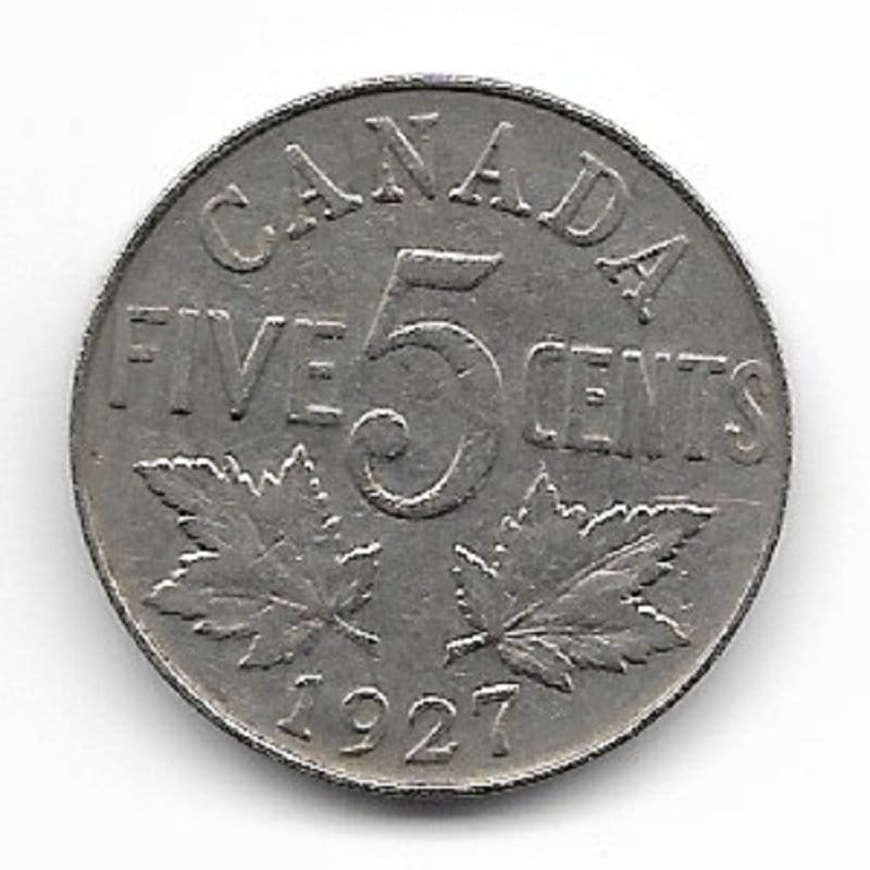 1927 CANADIAN NICKEL; Five Cent Coin; King George V; Vintage Nickel Coin; Maple Leaves