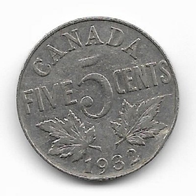 1932 CANADIAN NICKEL; Five Cent Coin; King George V; Vintage Nickel Coin; Maple Leaves