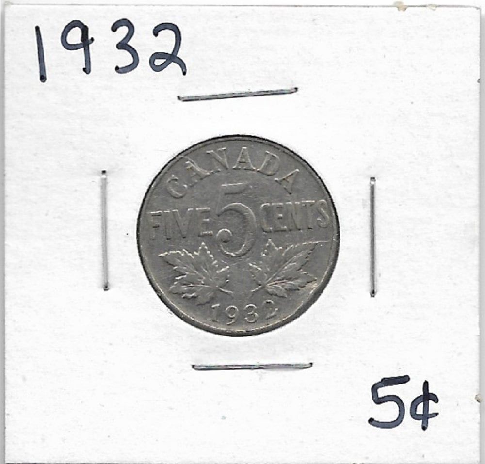1932 CANADIAN NICKEL; Five Cent Coin; King George V; Vintage Nickel Coin; Maple Leaves