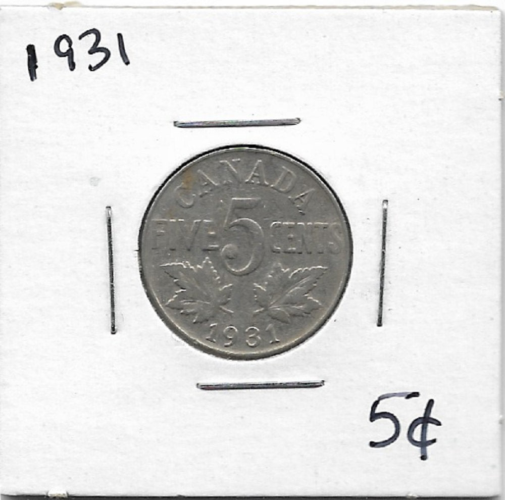 1931 CANADIAN NICKEL; Five Cent Coin; King George V; Vintage Nickel Coin; Maple Leaves