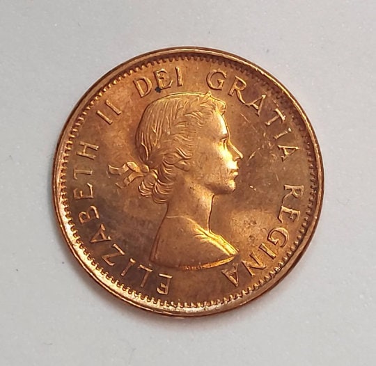 1962 Canadian Penny ~ Brilliantly UNCIRCULATED (BU) One Cent Coin; Queen Elizabeth II; Copper Penny