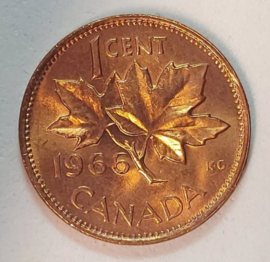 1966 Canadian Penny ~ Brilliantly UNCIRCULATED (BU) One Cent Coin; Queen Elizabeth II; Copper Penny