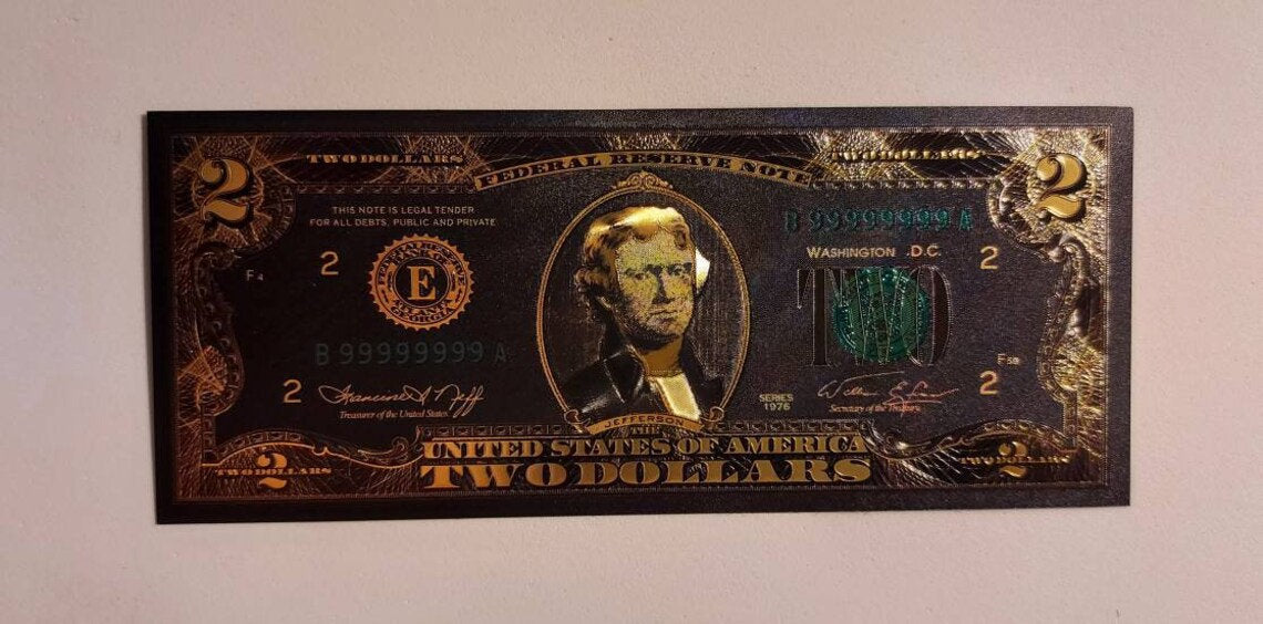 USA 2 Dollar Black .9999 GOLD FOIL Note from 1976 Series; Beautiful collector piece and design