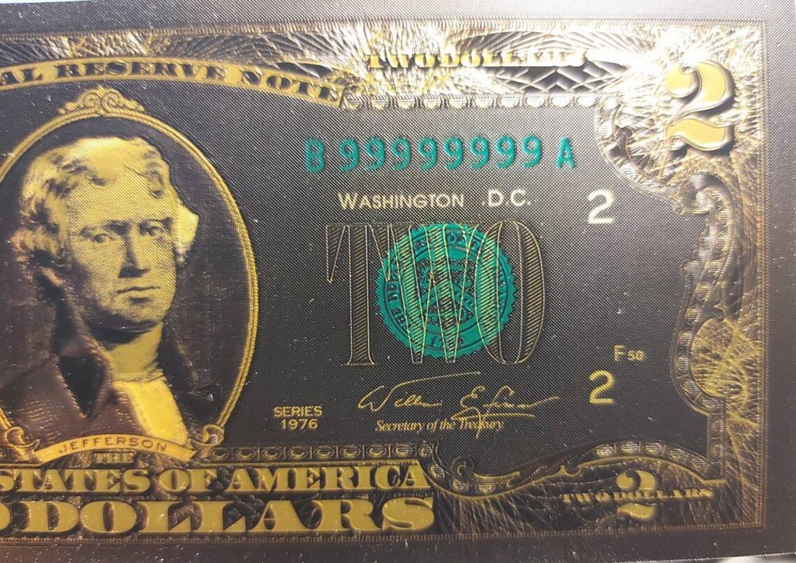 USA 2 Dollar Black .9999 GOLD FOIL Note from 1976 Series; Beautiful collector piece and design