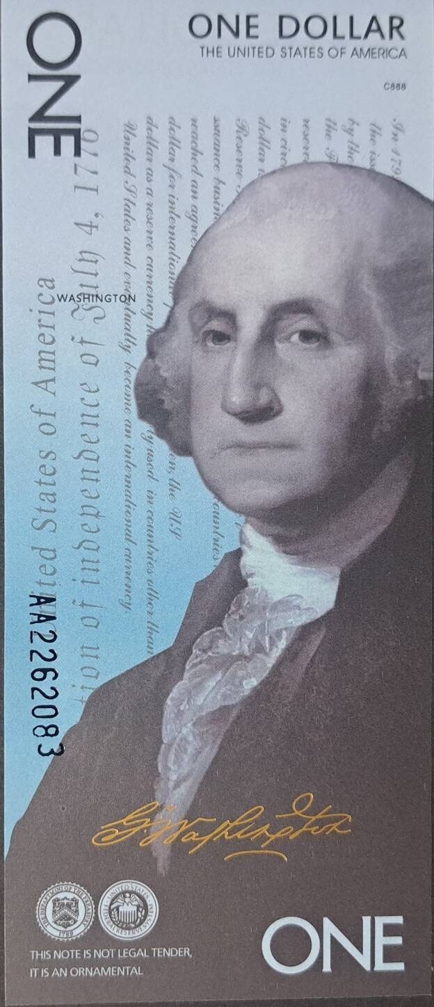 USA George Washington Fantasy 1 Dollar Note from the Presidential Series; POLYMER; Beautiful collector piece and design
