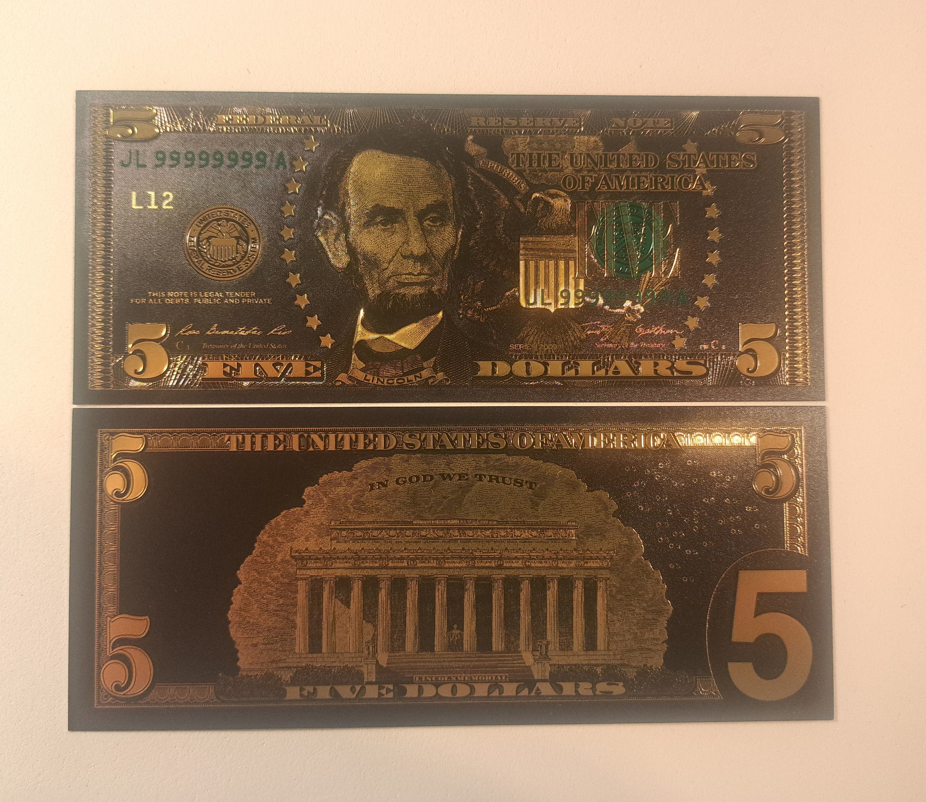 USA 5 Dollar Black .9999 GOLD FOIL Note from 2009 Series; Beautiful collector piece and design