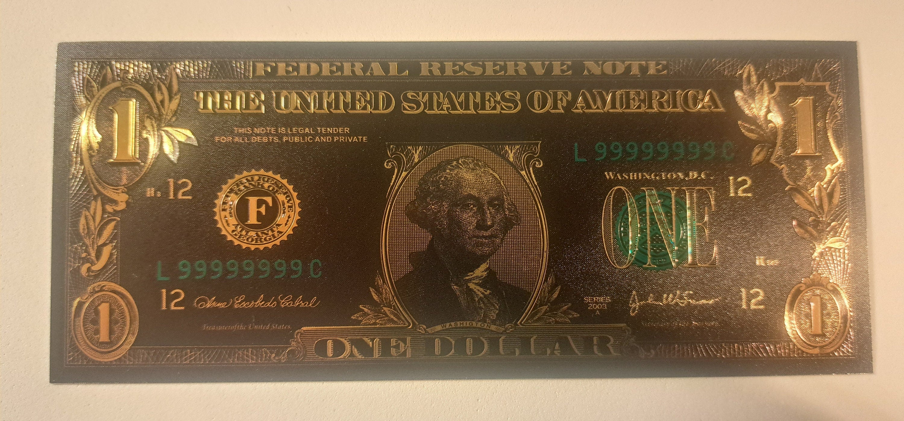 USA 1 Dollar Black .9999 GOLD FOIL Note from 2003 Series; Beautiful collector piece and design