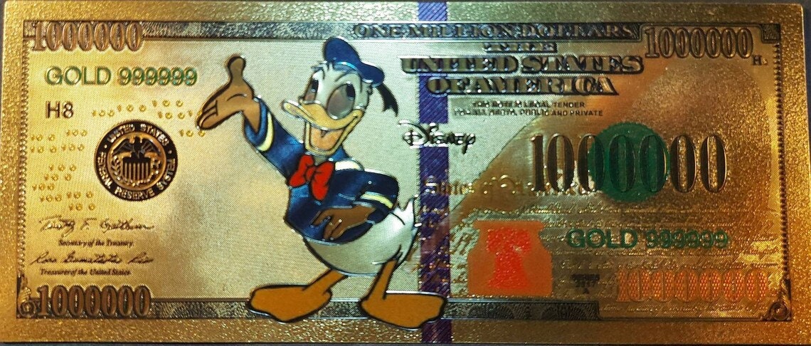 DONALD DUCK .9999 GOLD Foil Million Note; Colorful Collectible; Comes in a collector display holder