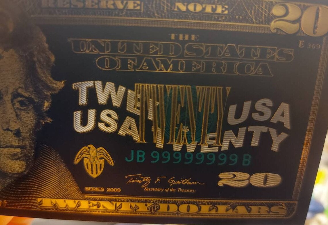 USA 20 Dollar Black .9999 GOLD FOIL Note from 2009 Series; Beautiful collector piece and design