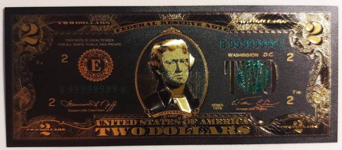 USA 2 Dollar Black .9999 GOLD FOIL Note from 1976 Series; Beautiful collector piece and design