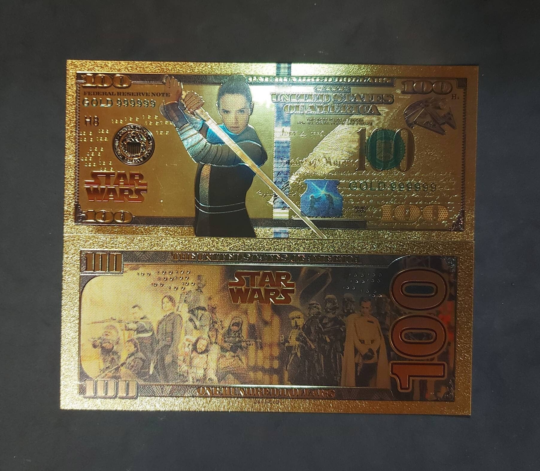REY SKYWALKER: Star Wars Galaxy .9999 GOLD Foil 100 Dollars Fantasy Note; Full color scene on back; Comes in a Collector Display holder