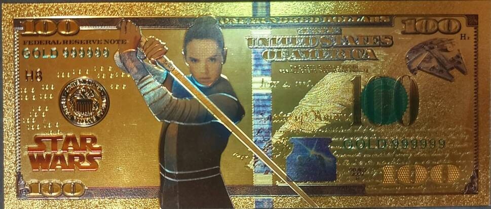 REY SKYWALKER: Star Wars Galaxy .9999 GOLD Foil 100 Dollars Fantasy Note; Full color scene on back; Comes in a Collector Display holder