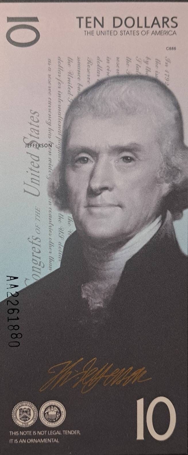 USA Thomas Jefferson Fantasy 10 Dollar Note from the Presidential Series; POLYMER; Beautiful collector piece and design
