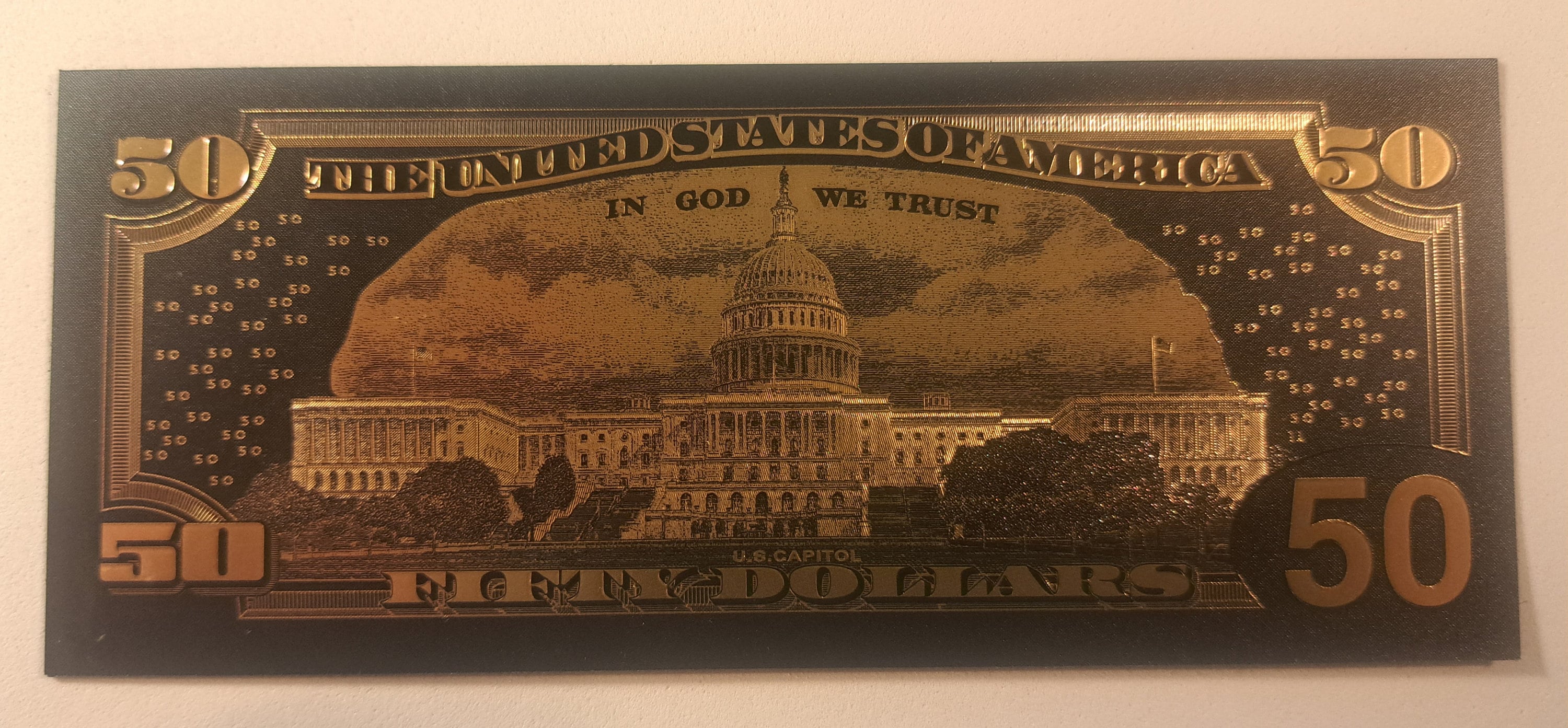 USA 50 Dollar Black .9999 GOLD FOIL Note from 2009 Series; Beautiful collector piece and design