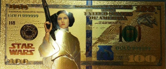 PRINCESS LEIA: Star Wars Galaxy .9999 GOLD Foil 100 Dollars Fantasy Note; Full color scene on back; Comes in a Collector Display holder
