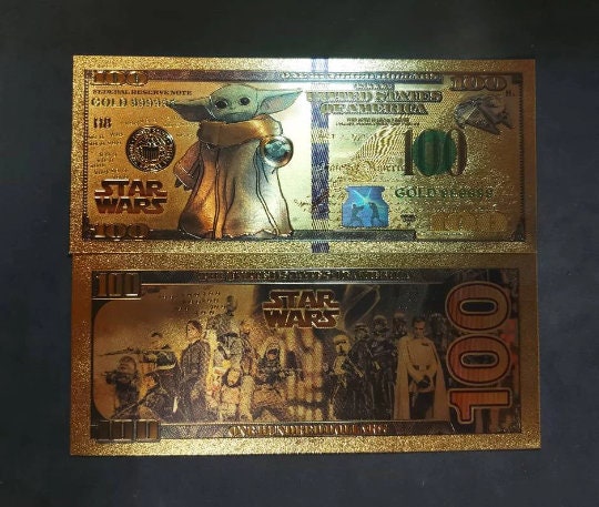 GROGU: Star Wars Galaxy .9999 GOLD Foil 100 Dollars Fantasy Note; Full color scene on back; Comes in a Collector Display holder