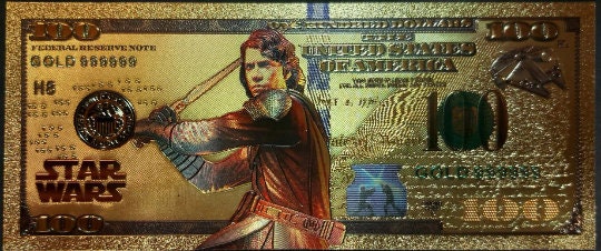 ANAKIN SKYWALKER: Star Wars Galaxy .9999 GOLD Foil 100 Dollars Fantasy Note; Full color scene on back; Comes in a Collector Display holder