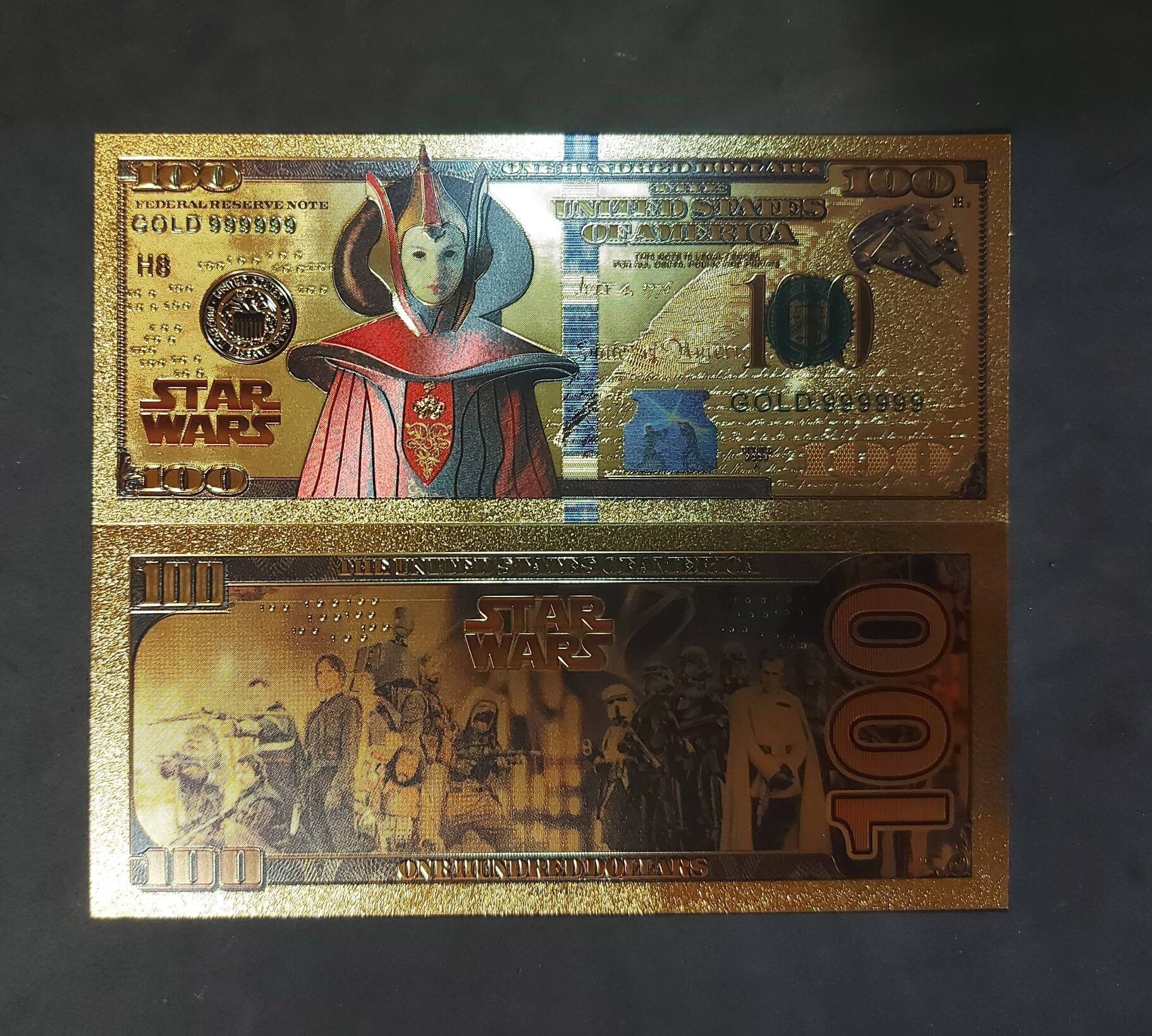 QUEEN AMIDALA: Star Wars Galaxy .9999 GOLD Foil 100 Dollars Fantasy Note; Full color scene on back; Comes in a Collector Display holder