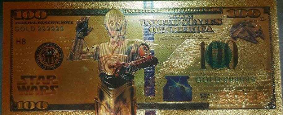 C3-PO: Star Wars Galaxy .9999 GOLD Foil 100 Dollars Fantasy Note; Full color scene on back; Comes in a Collector Display holder