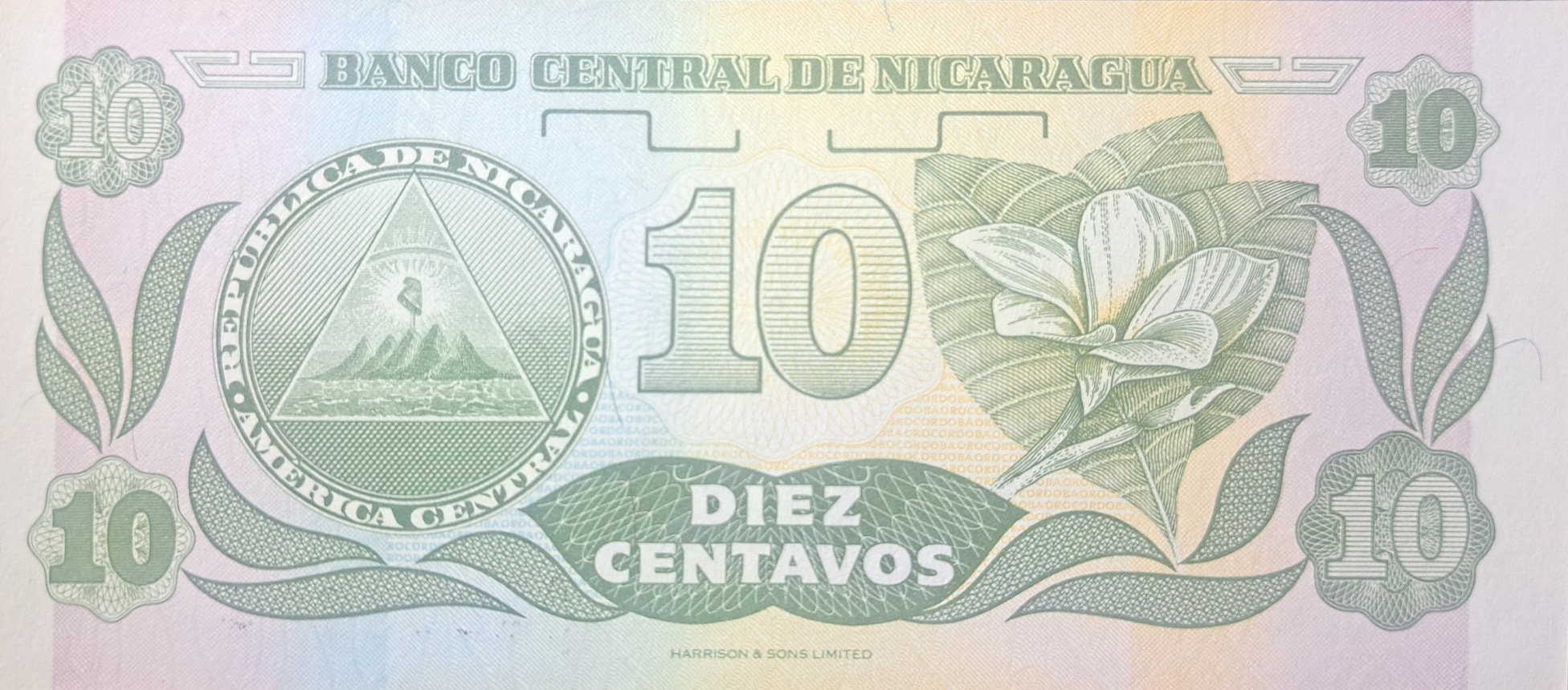NICARAGUA 10 Centavos, P-169; UNCIRCULATED, 1991; features flowers and Arms symbol