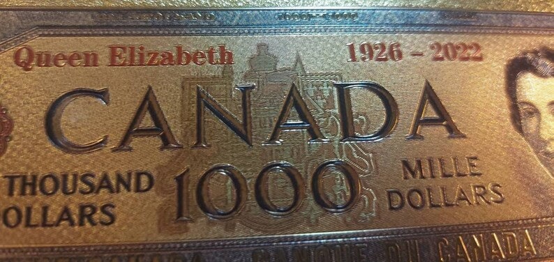 1954 Canada 1000 Dollars Queen Elizabeth II Commemorative Stamped FANTASY .9999 GOLD Foil Note; Devil's Face Design