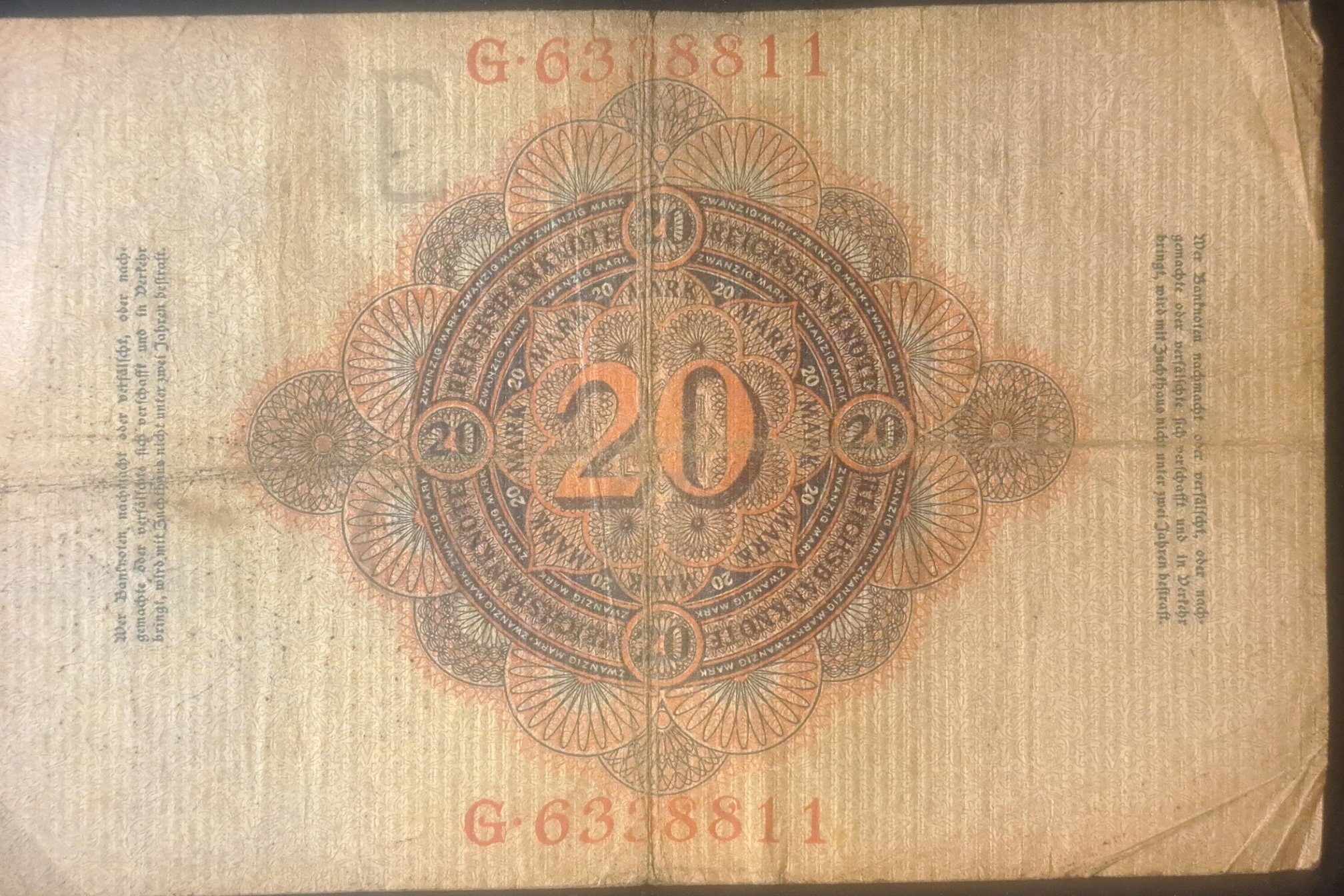 GERMANY - 20 Mark Banknote; p-40b from 1910, Very Good to Fine, eagle design