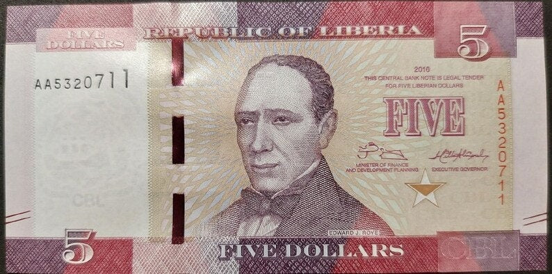 REPUBLIC Of LIBERIA, 5 Dollars; P-31a Uncirculated, 2016 ~~ First "AA" Prefix