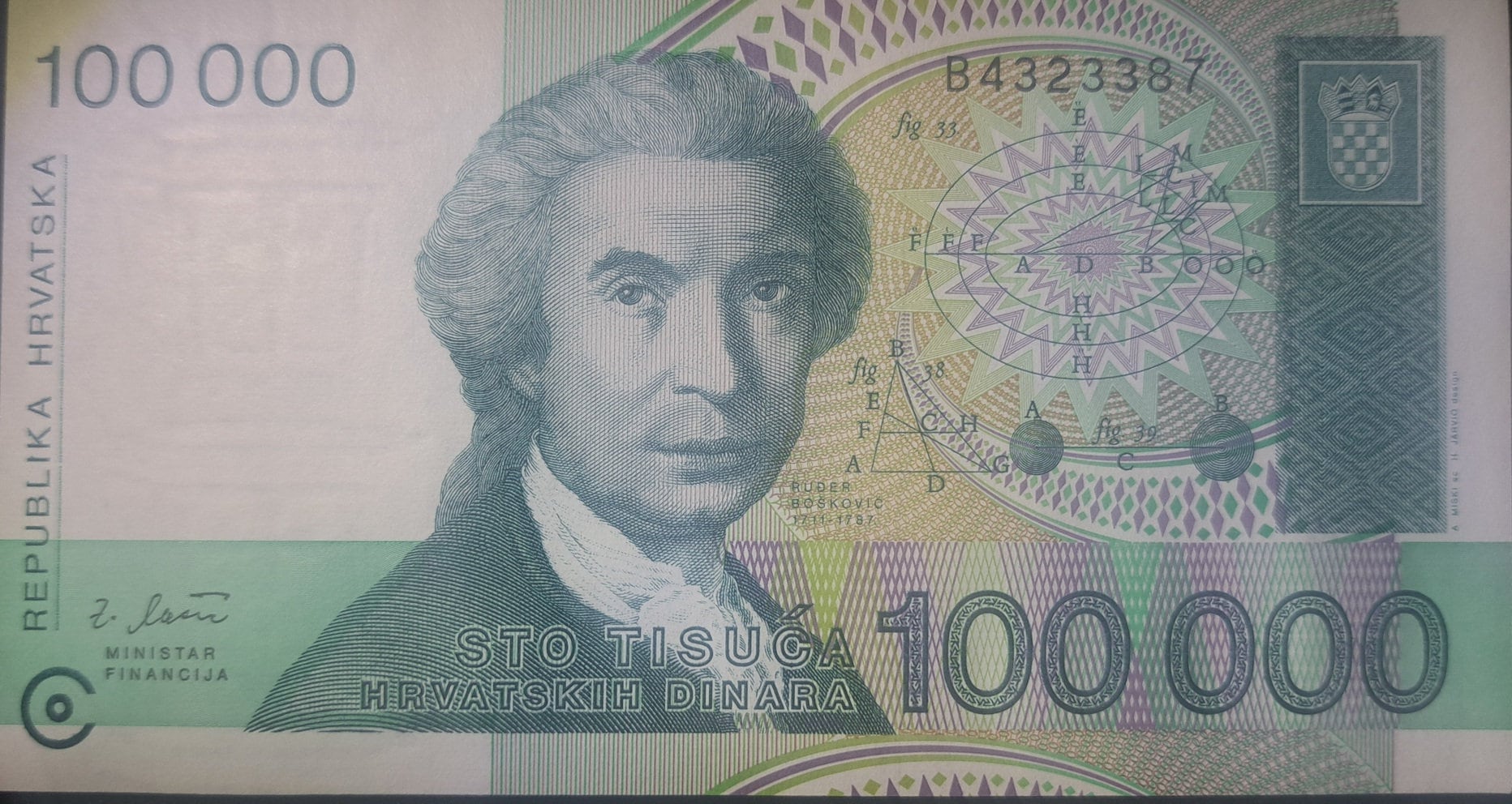 CROATIA 100000 Dinars, P-27; UNCIRCULATED, 1993; features a Statue of Mother Croatia