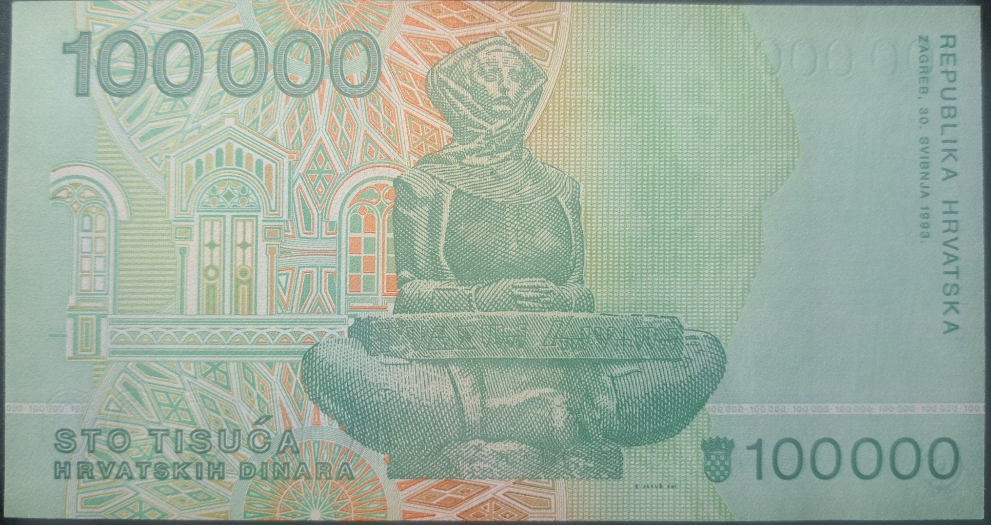 CROATIA 100000 Dinars, P-27; UNCIRCULATED, 1993; features a Statue of Mother Croatia
