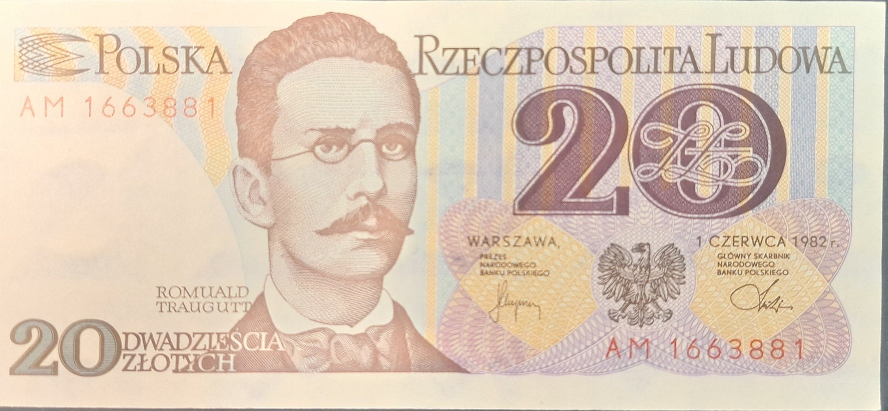 POLAND 20 Zlotych, P-149b, 1982; UNCIRCULATED; features R. Traugutt