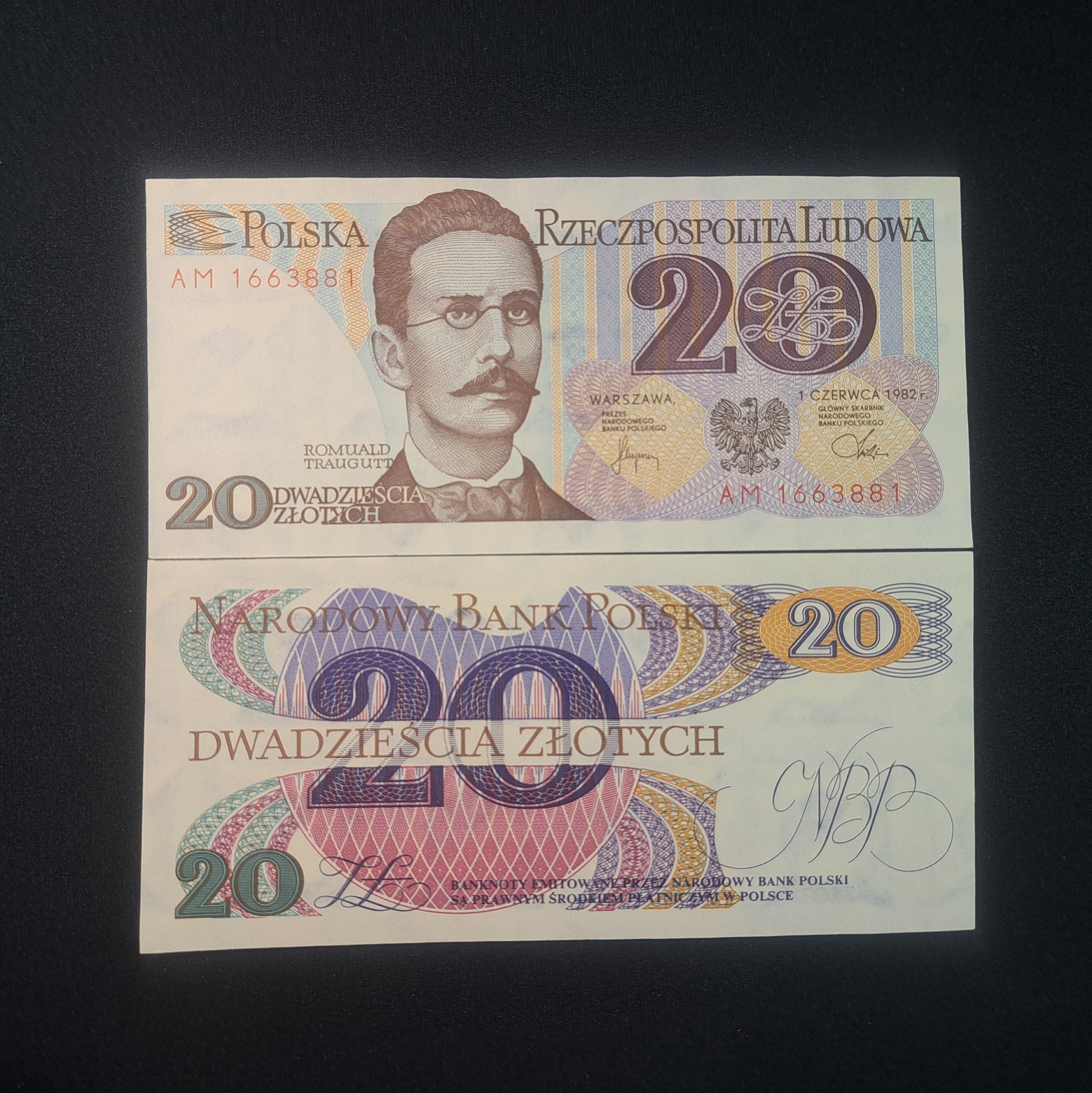POLAND 20 Zlotych, P-149b, 1982; UNCIRCULATED; features R. Traugutt