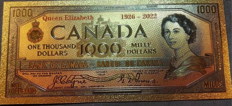 1954 Canada 1000 Dollars Queen Elizabeth II Commemorative Stamped FANTASY .9999 GOLD Foil Note; Devil's Face Design