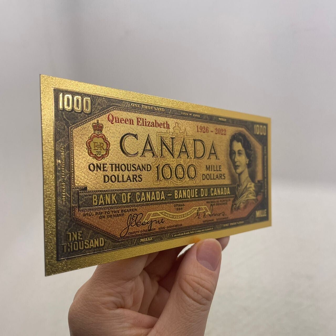1954 Canada 1000 Dollars Queen Elizabeth II Commemorative Stamped FANTASY .9999 GOLD Foil Note; Devil's Face Design
