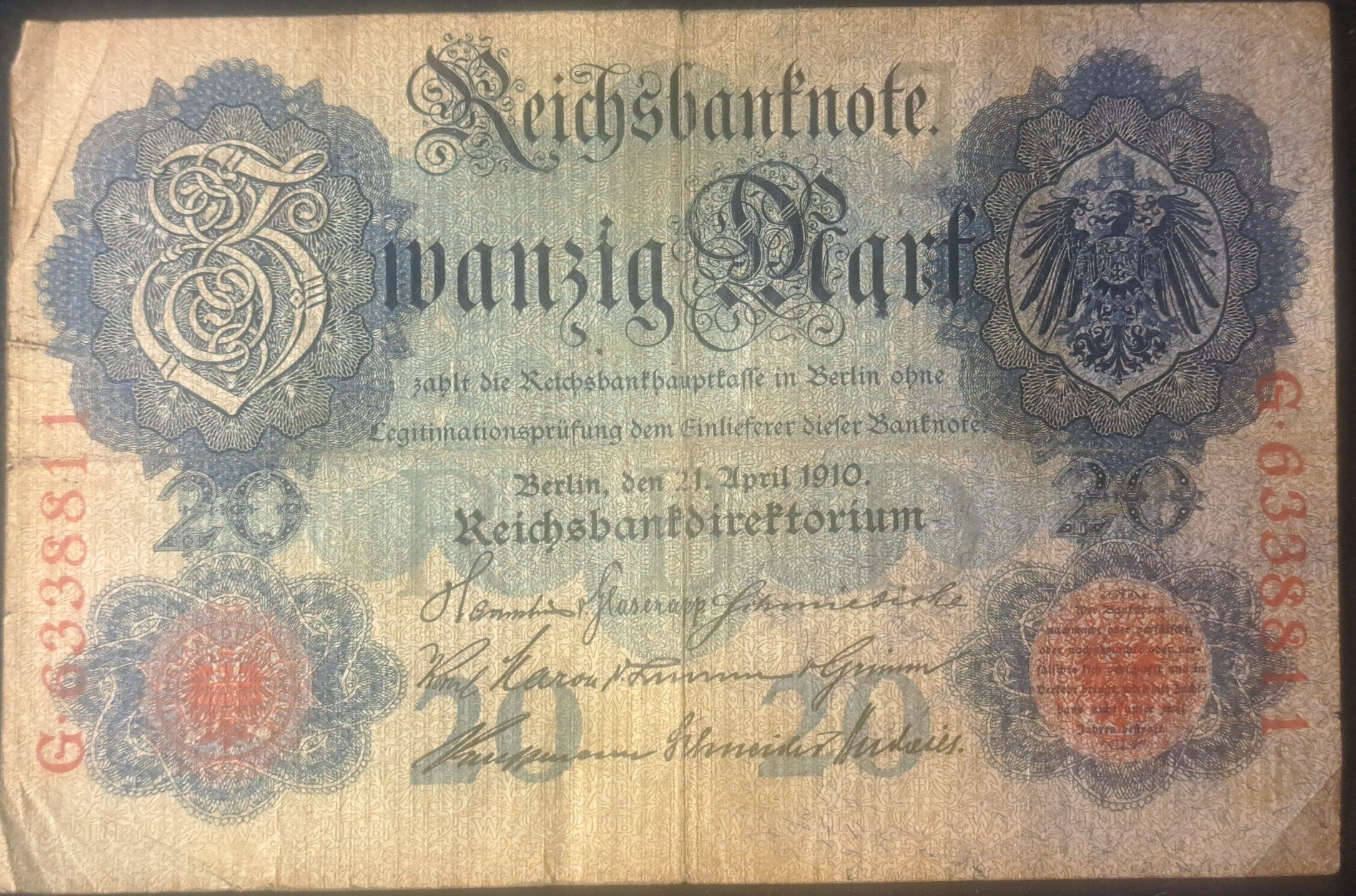GERMANY - 20 Mark Banknote; p-40b from 1910, Very Good to Fine, eagle design