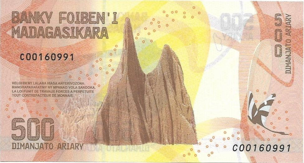 MADAGASCAR 500 Ariary, UNCIRCULATED; P-99 from 2017, New Design; Butterflies; Cliff
