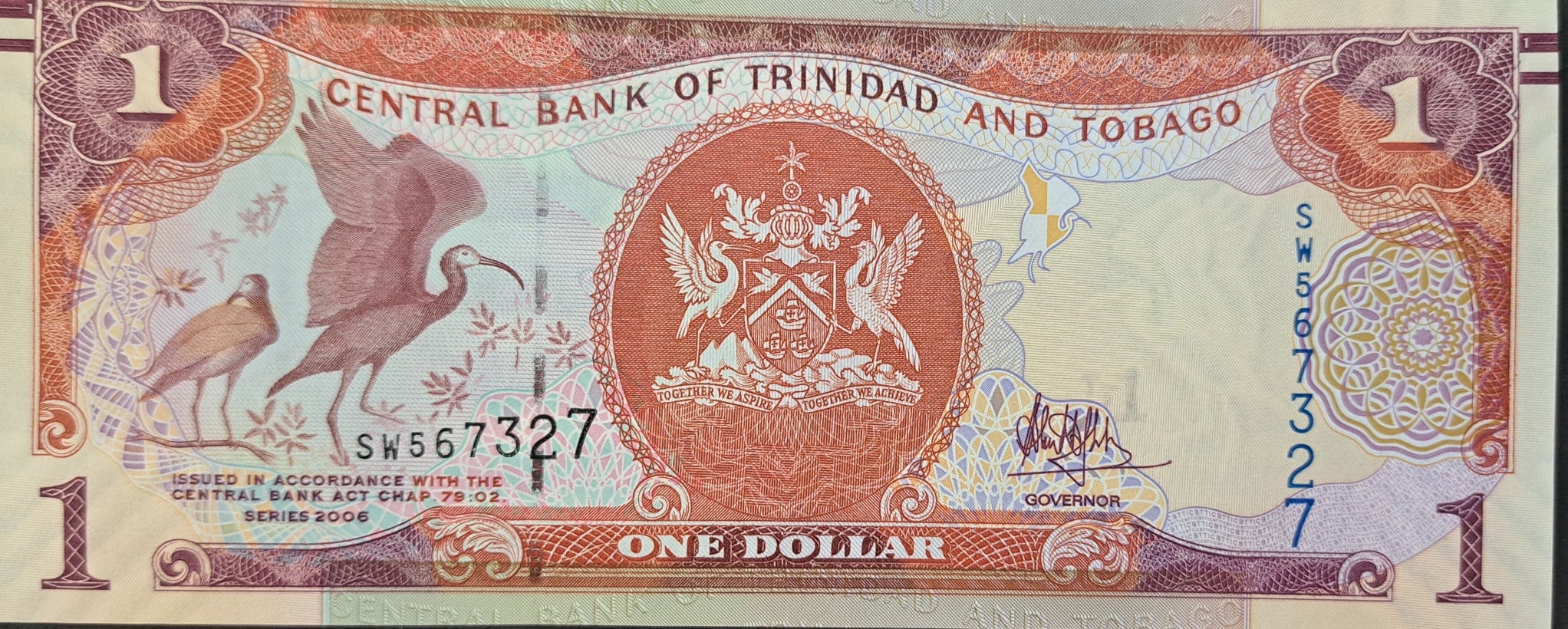 TRINIDAD & TOBAGGO 1 Dollar Banknote; P -46Ab, UNCIRCULATED; 2009; features the Scarlet Ibis