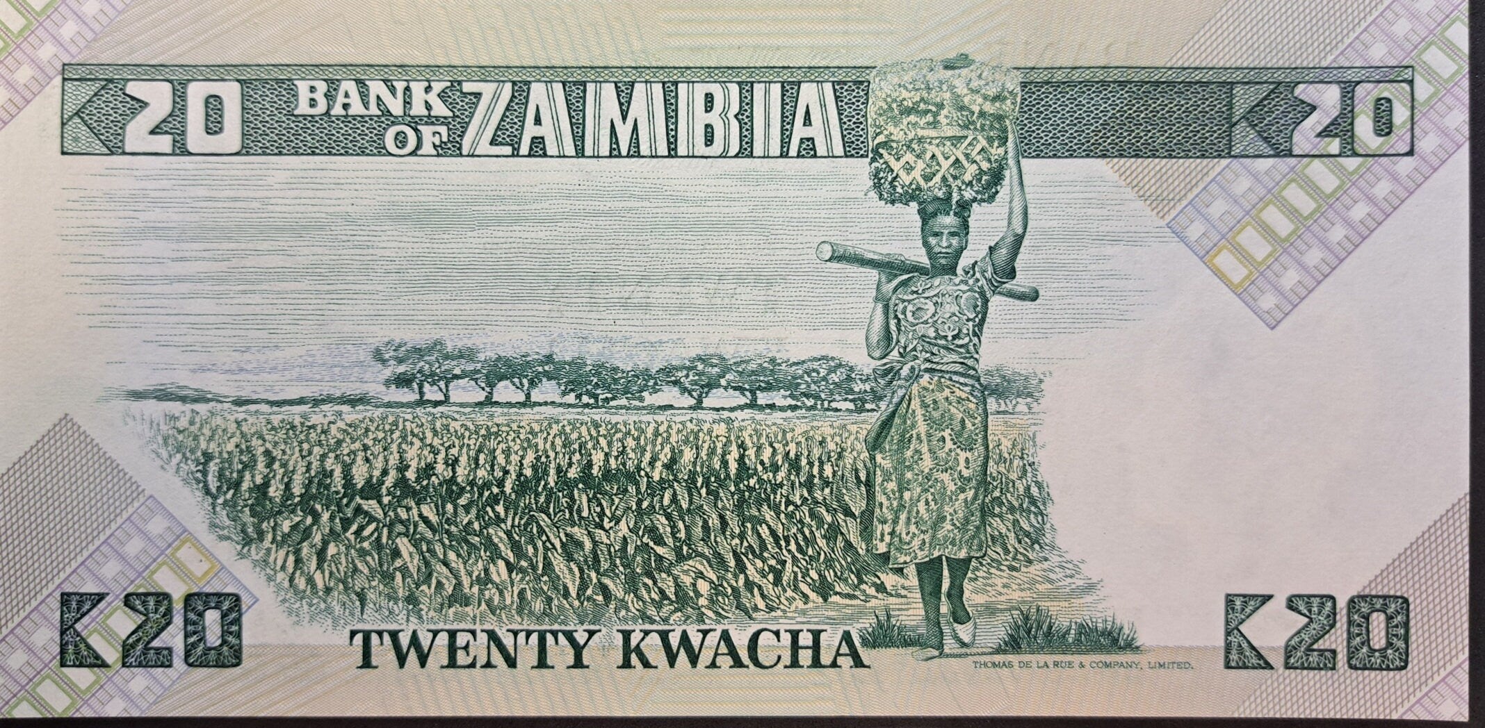 ZAMBIA 20 Kwacha, P-27e, UNCIRCULATED, 1980; Features a Fish Eagle; Woman with basket