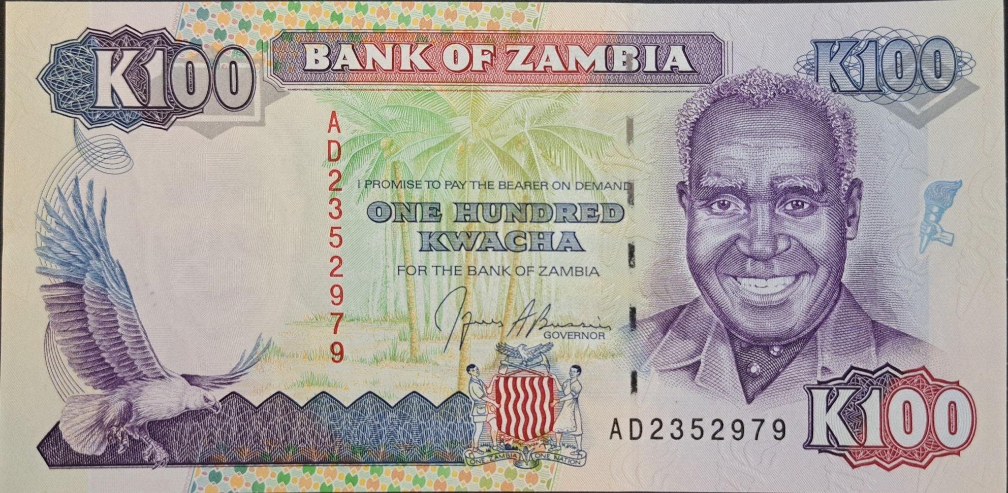 ZAMBIA 100 Kwacha, P-34, UNCIRCULATED, 1991; Features a Fish Eagle; Victoria Falls