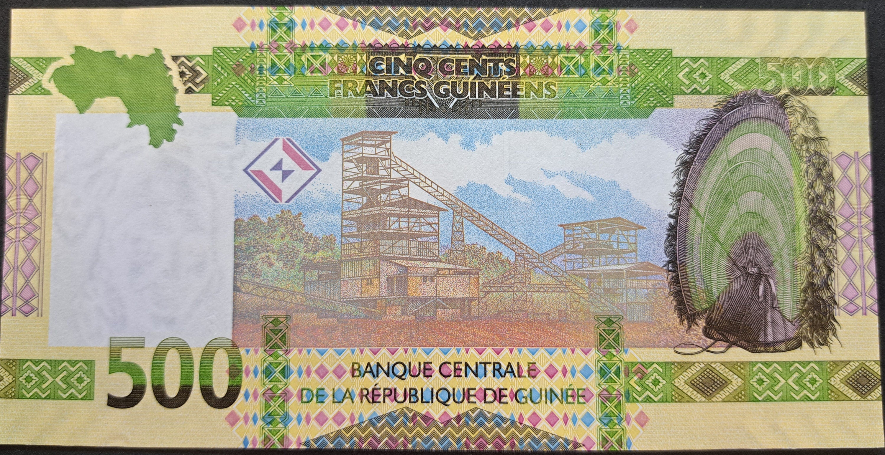 GUINEA 500 Francs Banknote B-341.5a from 2018; Mining and Woman featured