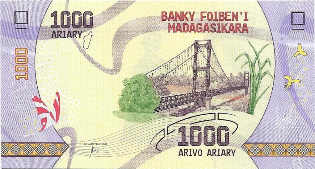 MADAGASCAR 1000 Ariary Banknote, UNCIRCULATED; P-100 from 2017, New Design; Butterflies; Bridge