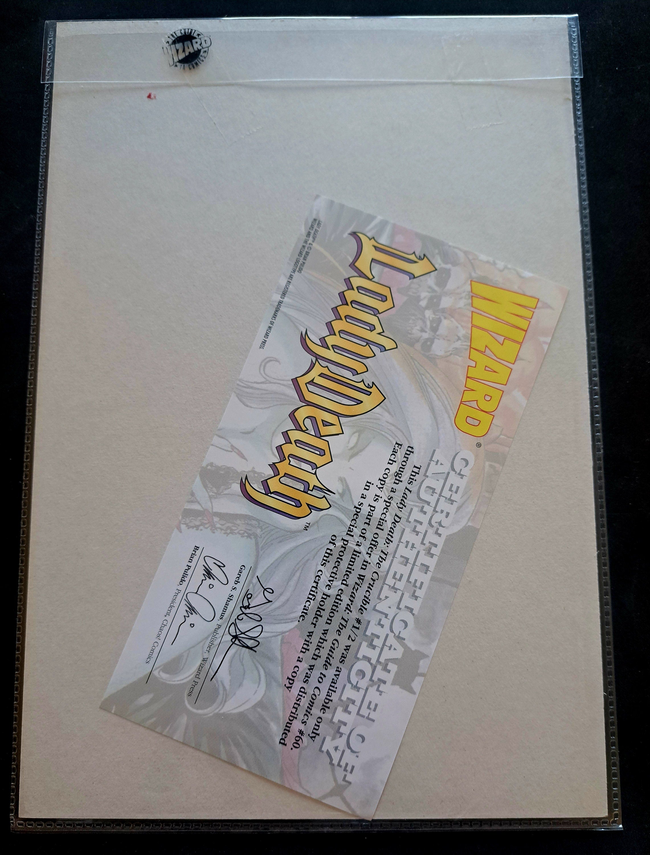 LADY DEATH: The Crucible #1/2 Wizard Limited edition from 1996; Certificate of Authenticity; High Grade (NM 9.2)