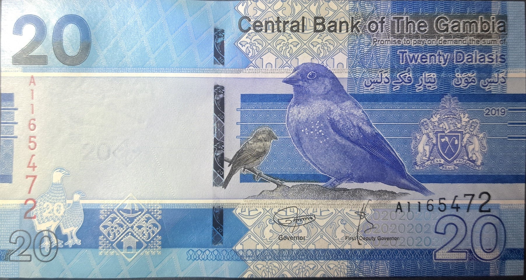 GAMBIA 20 Dalasis; B-237a; 2019, UNCIRCULATED; Featuring Bush Fowl birds