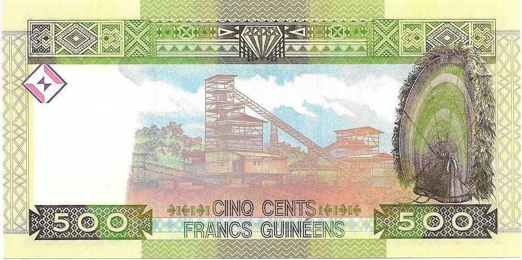 GUINEA 500 Francs Banknote; P- 47a; UNCIRCULATED from 2015; Mining and Woman featured