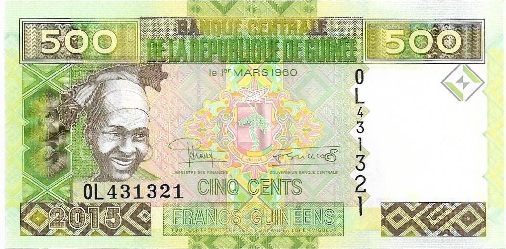 GUINEA 500 Francs Banknote; P- 47a; UNCIRCULATED from 2015; Mining and Woman featured