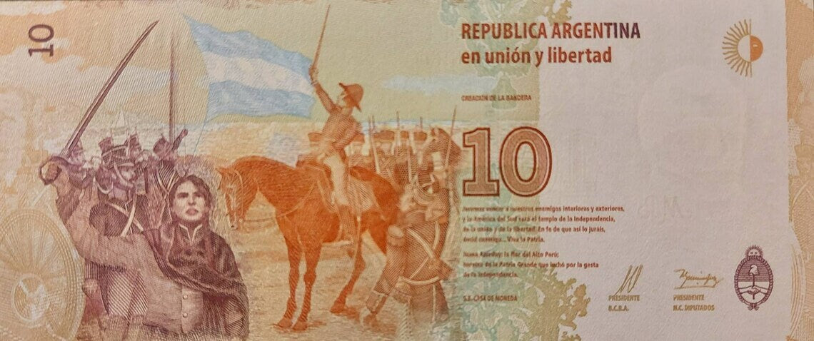 Argentina 10 Pesos, P-360; UNCIRCULATED, 2016; features Riders with swords on horses