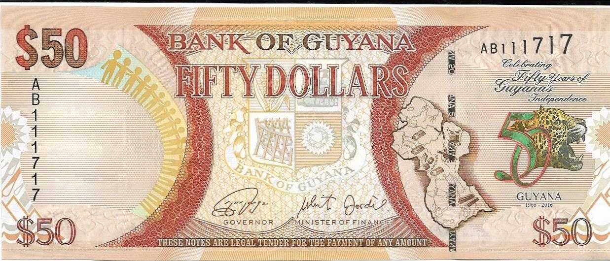Guyana 50 Dollars, P-41, UNCIRCULATED; 2016; Commemorative Note; Features a JAGUAR