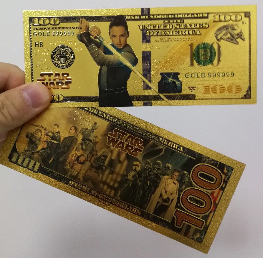 REY SKYWALKER: Star Wars Galaxy .9999 GOLD Foil 100 Dollars Fantasy Note; Full color scene on back; Comes in a Collector Display holder