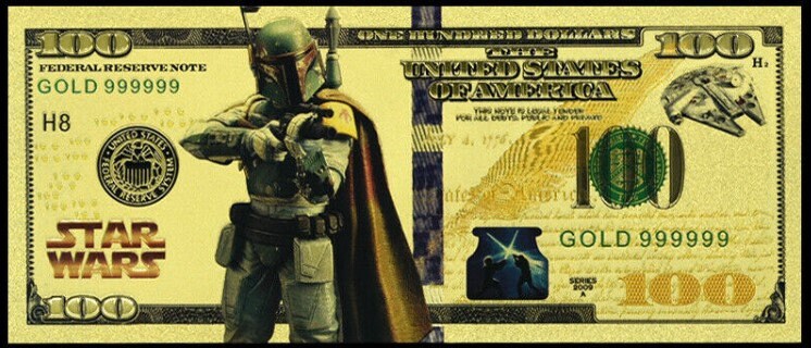 BOBA FETT/ MANDALORIAN: Star Wars Galaxy .9999 GOlD Foil 100 Fantasy Note; Full color scene on back; Comes in a Collector Display holder