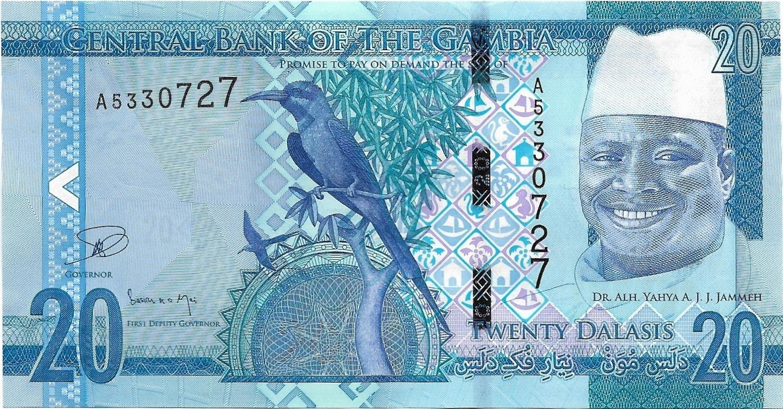 GAMBIA 20 Dalasis; P33; 2015, UNCIRCULATED; Featuring Carmine Bee-Eater